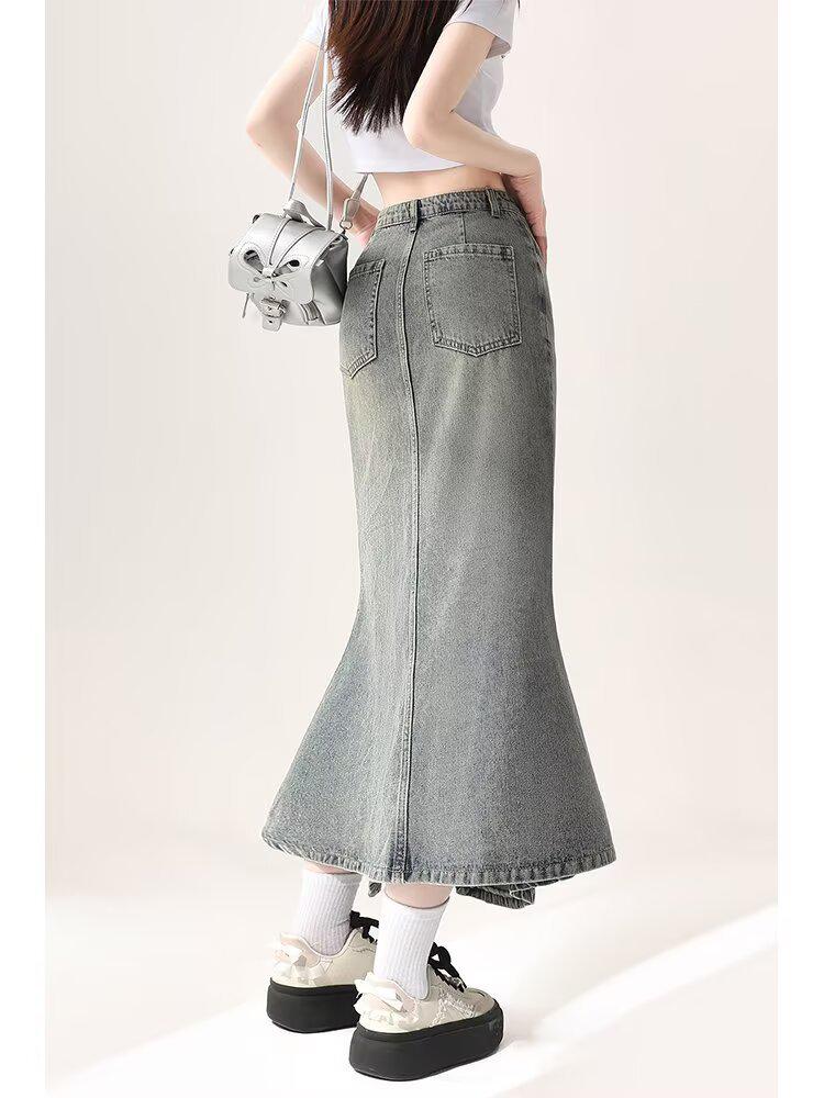 Women's Retro High-Waist Lace Fishtail Denim Midi Skirt