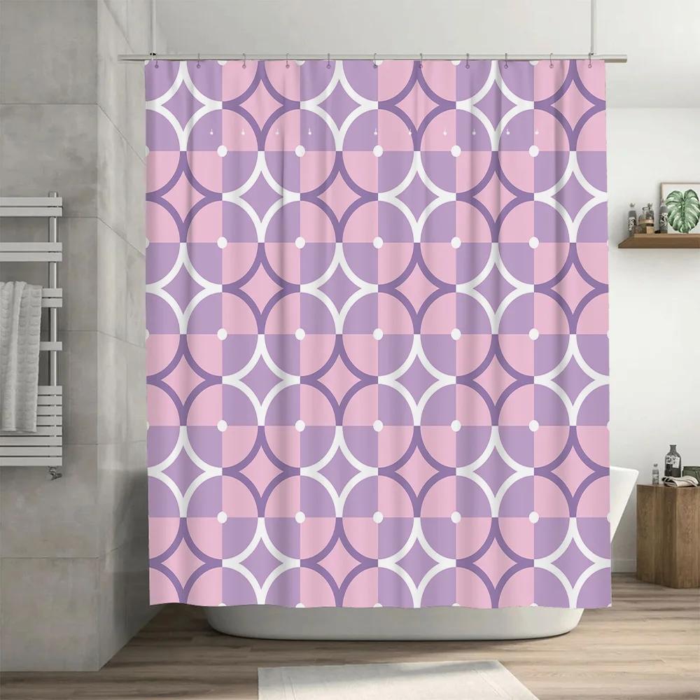 Purple Geometric Print Shower Curtain Waterproof Decorative Bath Mat Set For Home Bathroom Decoration Purple White Pink