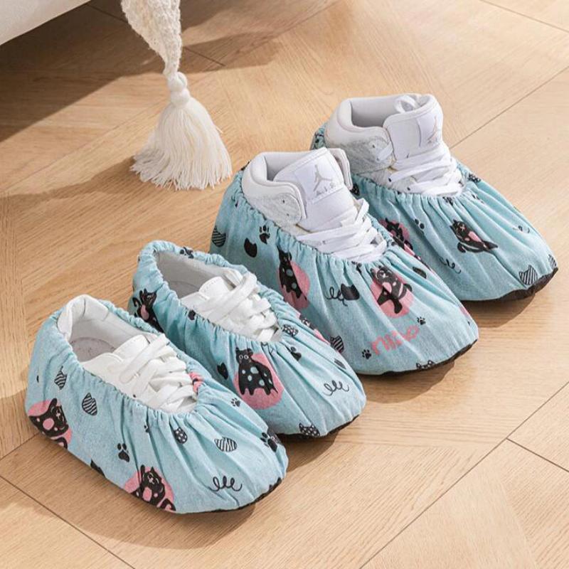 High Stretch Bunched Household Shoe Cover Washable Reusable Canvas Printed Foot Cover Room Non-Slip Cartoon Child Shoe Cover