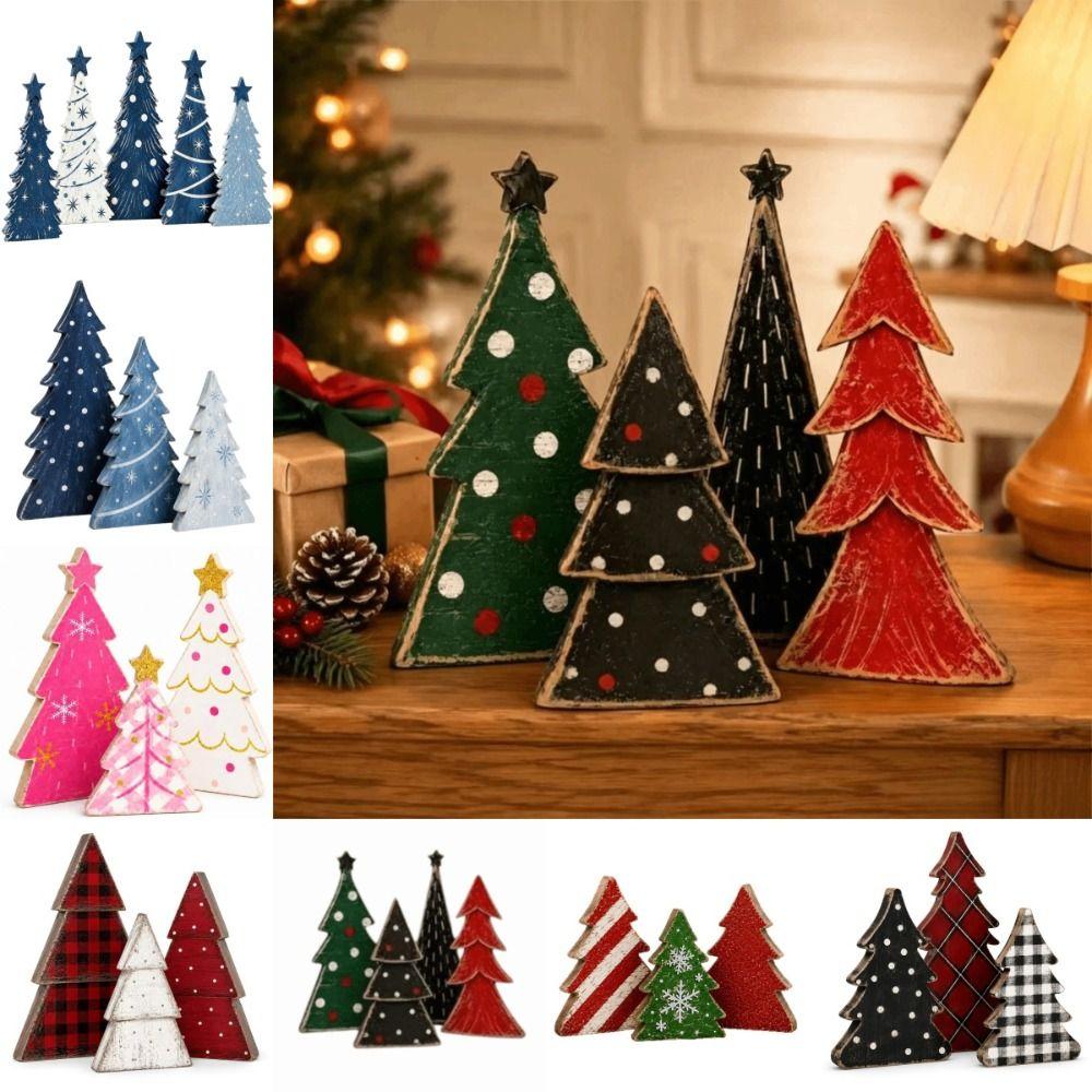 3/4/5pcs 2D Flat Wooden Christmas Tree Ornaments Tabletop Xmas Tree  Family Gathering