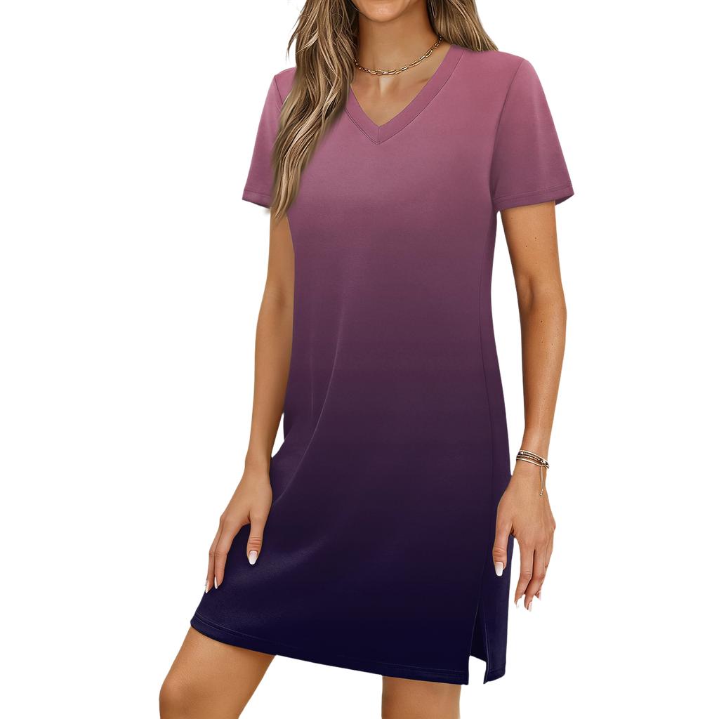 Women's Casual V-neck Short Sleeve Split Hem Gradient Dress