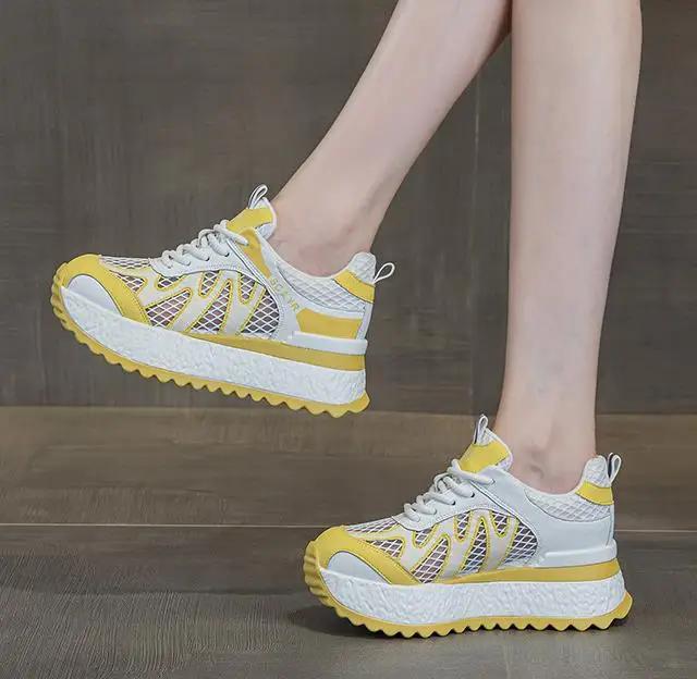 Fashion 7CM Women Summer Spring Air Mesh Shoes Mules Shoes Hollow Chunky Sneaker Slides Sandals Platform Wedge Microfiber Platform Wedge