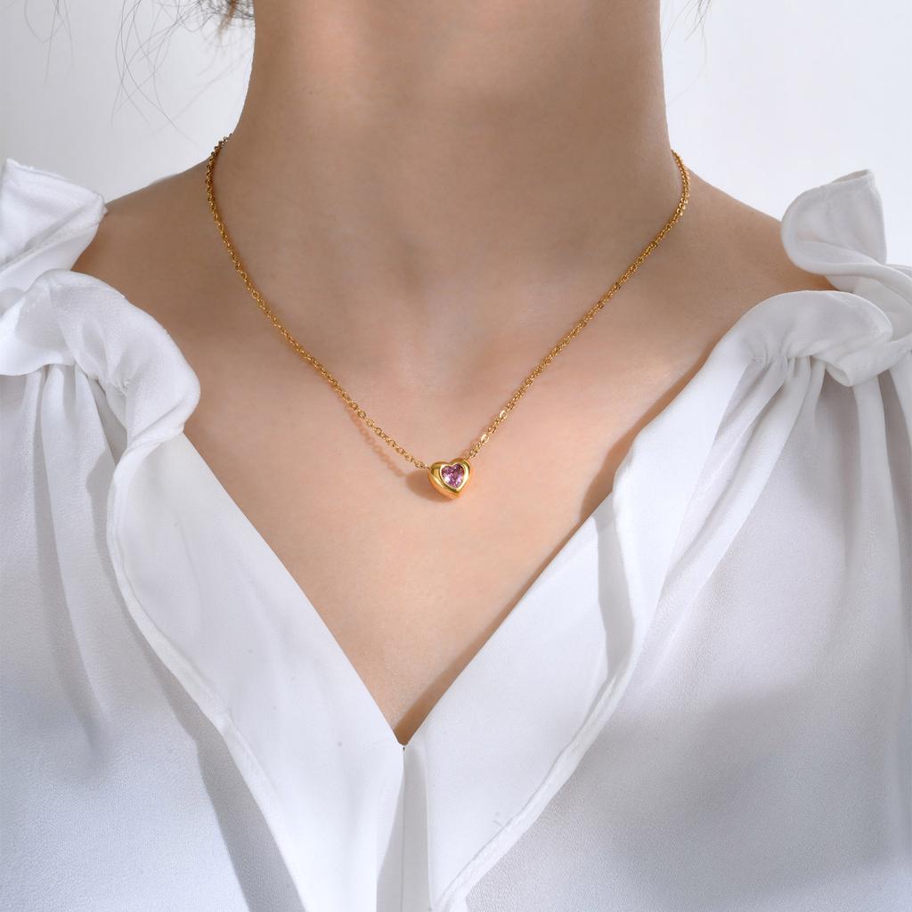 Wind 18K Gold Stainless Steel Love Inlaid Pink Zircon Pendant Necklace Earrings Niche Jewelry