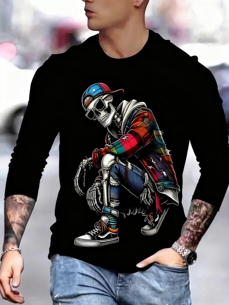 Men's Skull Graphic T-Shirts long Sleeve Skeleton 3D Print Street man t shirt autumn O-Neck Casual Y2k Top oversize Men clothing