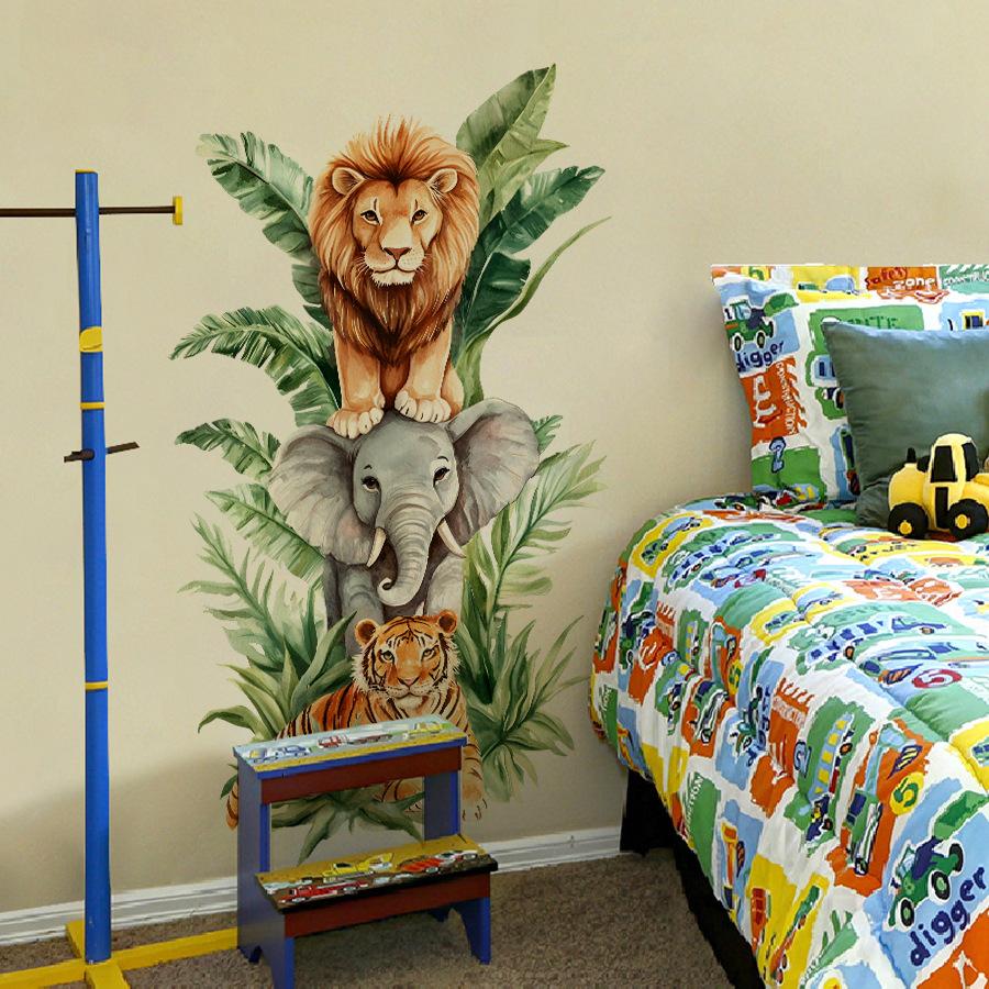 Stacked Jungle Animals Wall Stickers, Lion Elephant Tiger Self-Adhesive Decor for Kids Room Home Interior Decoration