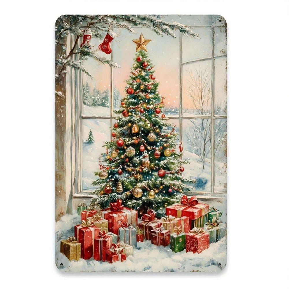 Metal Tin Sign Watercolor Christmas Tree Retro Wall Decor 20x30cm