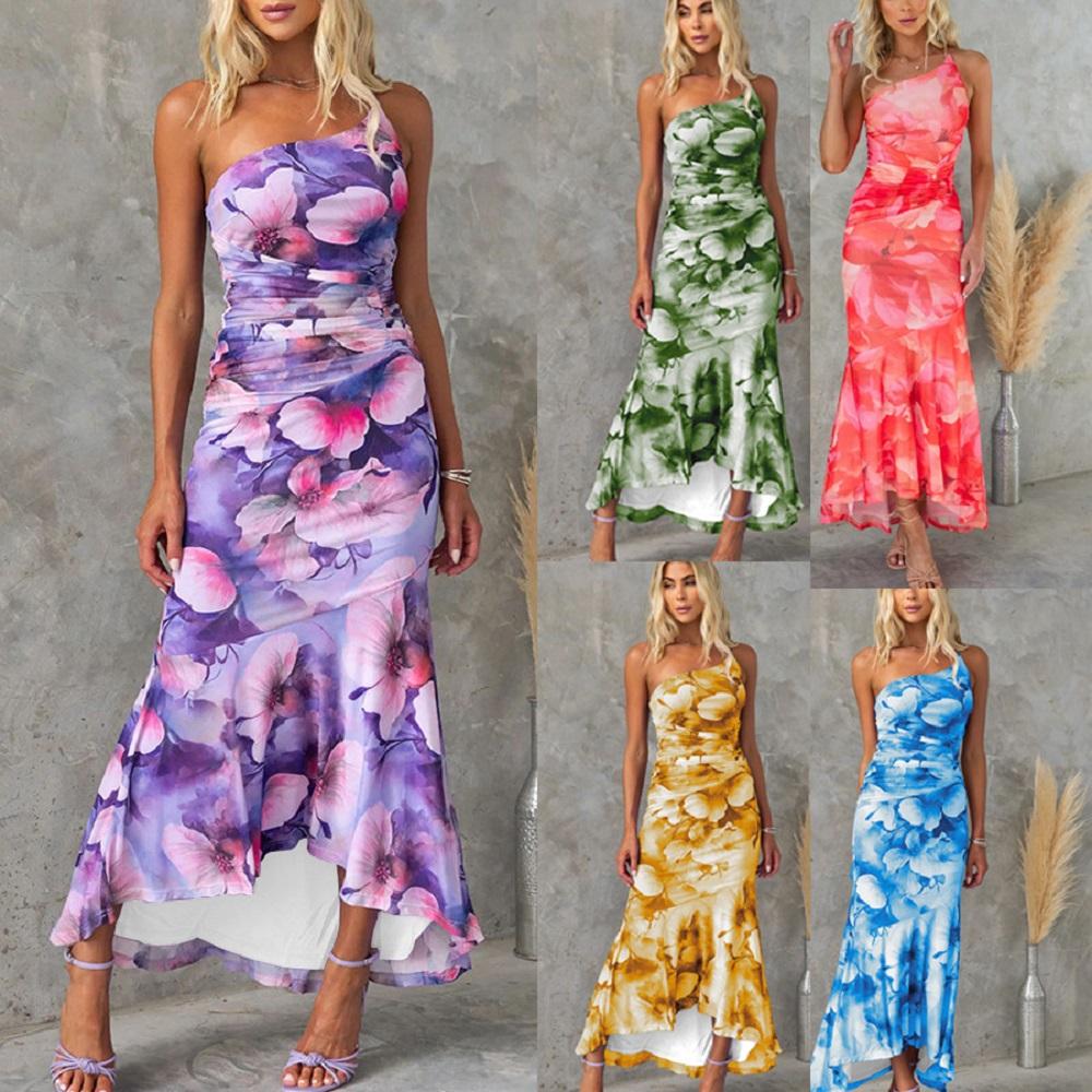 

Women Summer Slash Neck Long Dresses Ladies Fashion Floral Printing Ruffle Hem Pleated Bodycon Party Maxi Dress S червоний