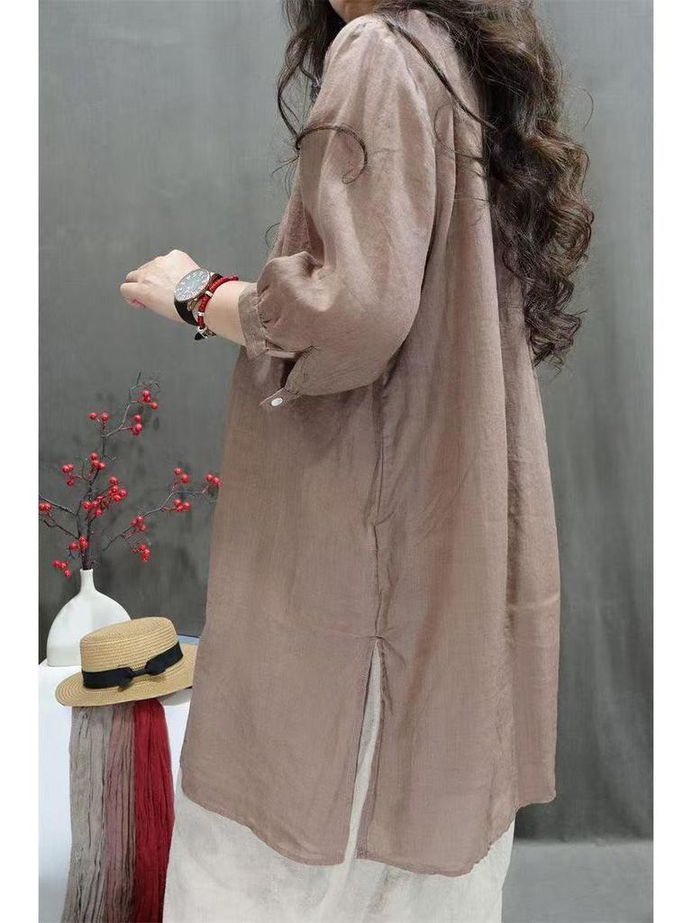 Plus Size Casual Embroidered Cotton-Linen Shirt: Spring & Autumn Retro Style