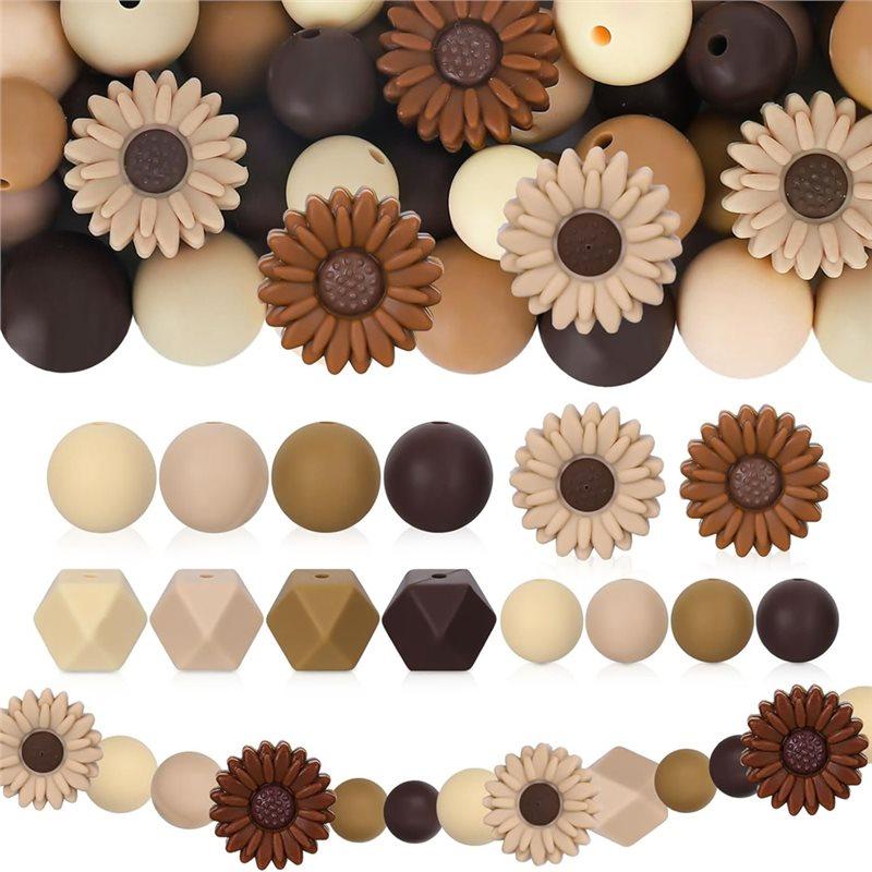 

AB34-100 Pcs Daisy Flower Silicone Round Hexagon Loose Beads For DIY Crafts Jewelry Necklace Bracelet Keychain Making коричневый