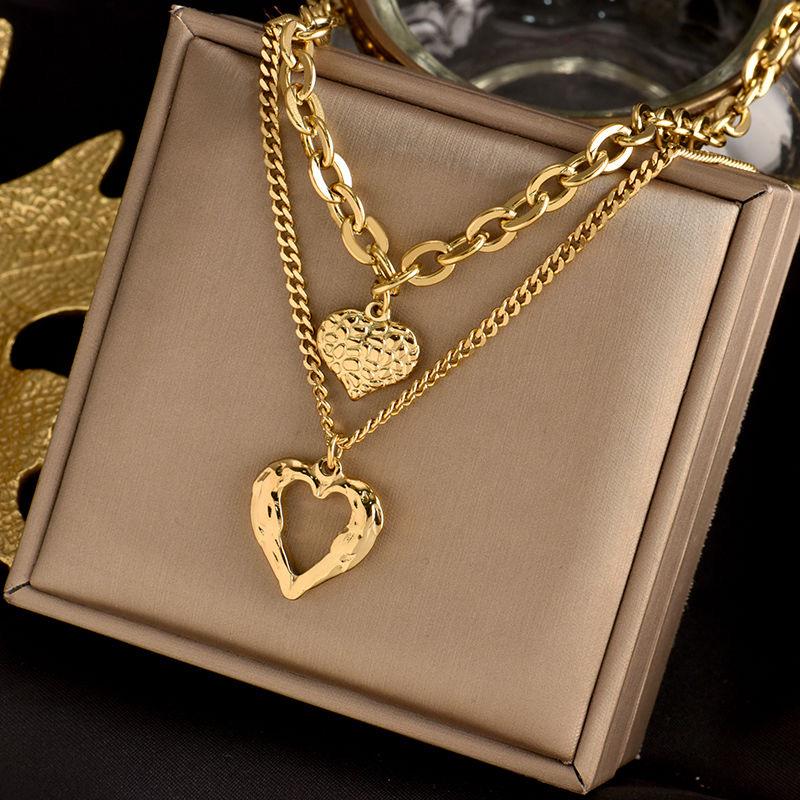 Gold Double Layer Angel Wings Heart Necklace - Titanium Steel Women s Retro Sweater Chain Accessory золотой