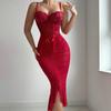 Women See Through Exotic Sets Lace Corset Midi Dress Spaghetti Strap Sheer Mesh Ruched Split Bodycon Sexy Lingerie Nightgown