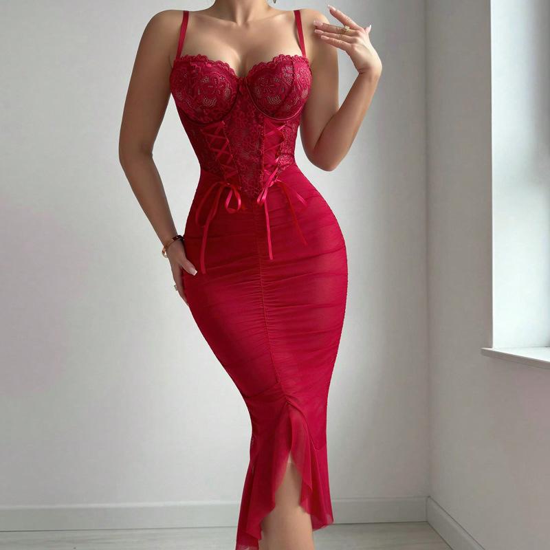 Women See Through Exotic Sets Lace Corset Midi Dress Spaghetti Strap Sheer Mesh Ruched Split Bodycon Sexy Lingerie Nightgown