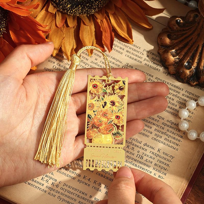 1pcs/4pcs Flowing Light Impression Series - Oil Painting Style Flower Hollowout tassel Metal Bookmark Student Account Marker