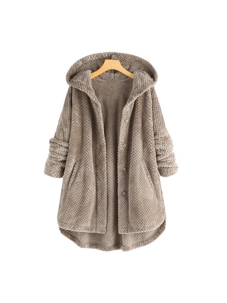 Plus Size Women's Double-sided Fleece Pineapple Texture Hooded Jacket, Mid-Length