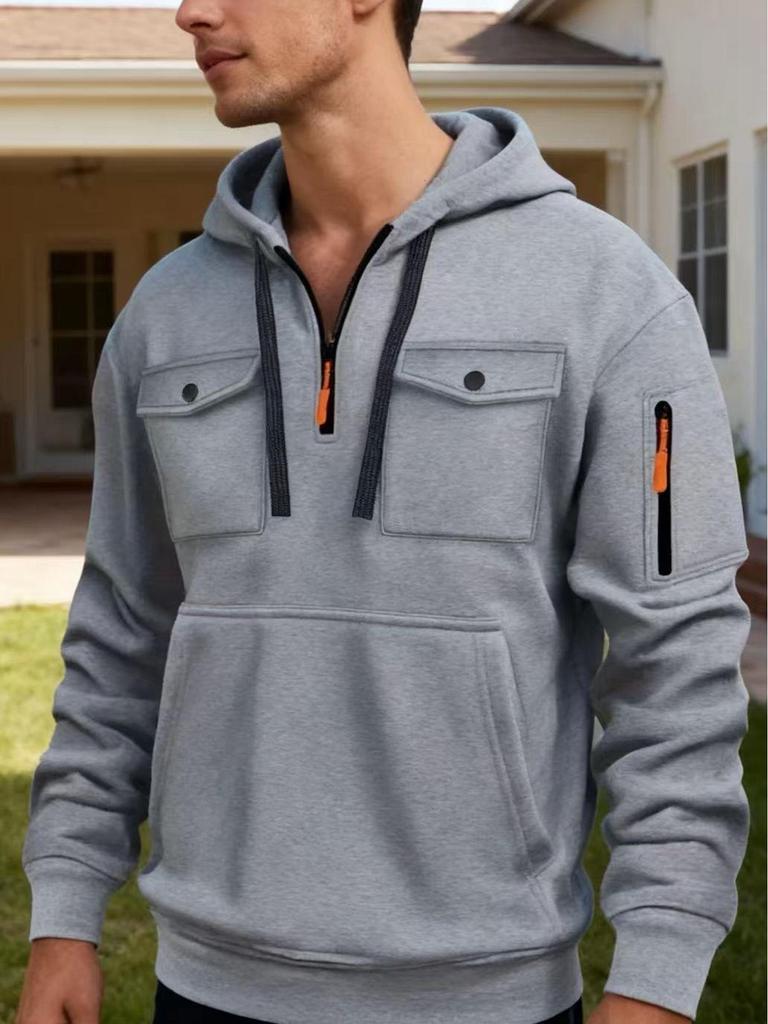 Men's Fleece Hooded Sweatshirt with Dual Chest Pockets - Casual, Trendy Zipper Pullover for Autumn and Winter