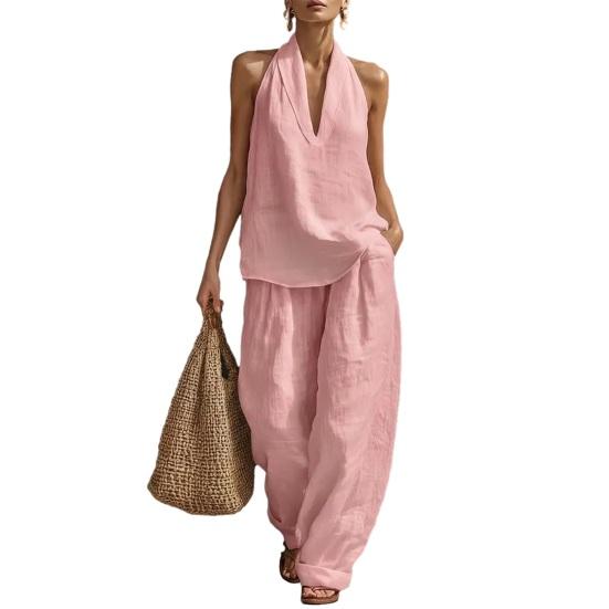 

Хлопково-льняной комплект из 2 предметов для женщин: топ-майка на бретельках без рукавов и брюки с широкими штанинами. Комплекты для отдыха, повседневная одежда для отпуска. S розовый