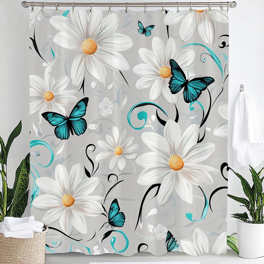 Purple Blue Floral Bouquet Butterfly Shower Curtain,Dreamy Painting Flowers &Butterfly,Bathroom Decorative Shower Curtains 90x180cm-35x70in