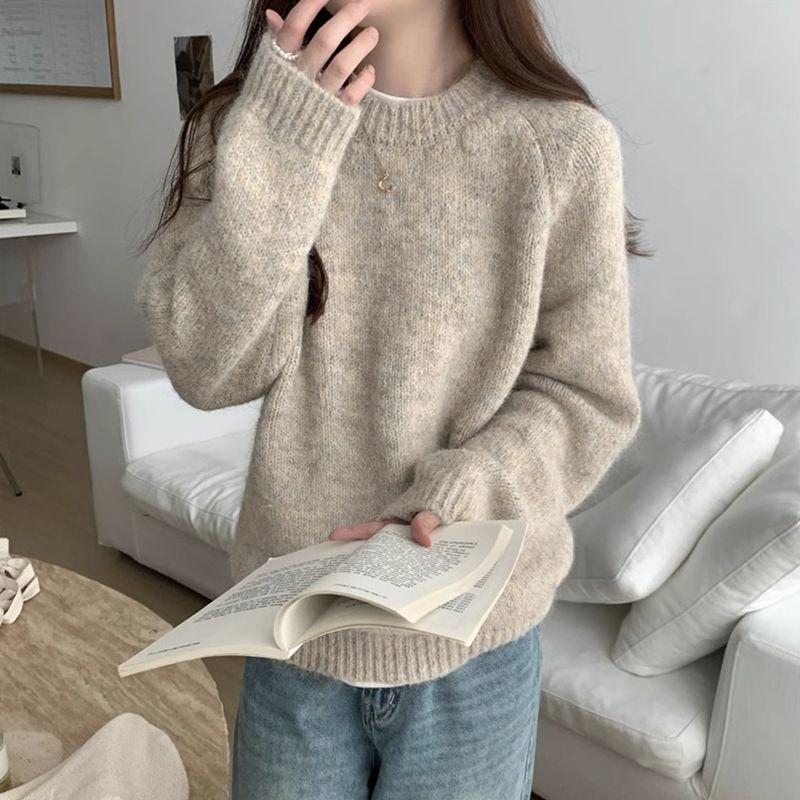 Autumn Winter Women Sweater Soft Round Neck Loose Knit Pullover Long Sleeve Casual Solid Color Thick Top
