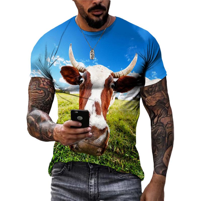 New 3D Funny Animal Cattle Graphic T Shirts Summer Men Fashion Personality Interest Printed Round Neck Short Sleeve Tees Tops