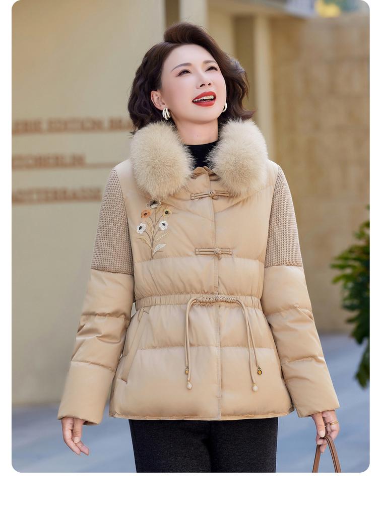 Mom's Winter Fashionable Embroidered Down Jacket with Wool Collar for Middle-Aged and Elderly Women