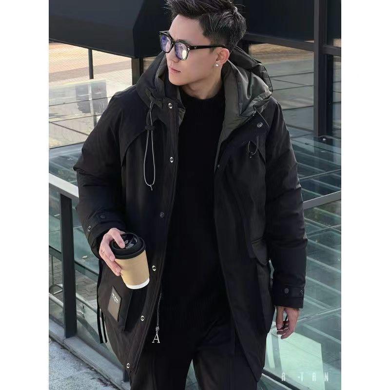 2025 Men's Black Hooded Mid-Length White Duck Down Parka