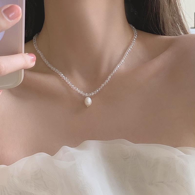 Korean Ins Style Fashion Temperament Imitation Pearl Pendant Necklace Female Japanese and Korean Ins Niche Crystal Chain Collarbone Necklace
