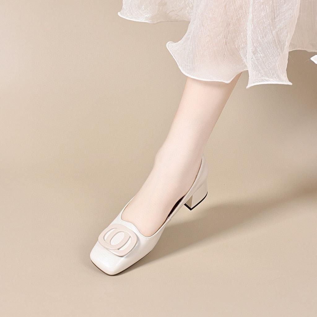 Women's Shoes Shallow Mouth Simple Square Head Cover Feet High Heels Thick Heel Middle Heel Round Buckle Women's Single Shoes Women's Work Shoes