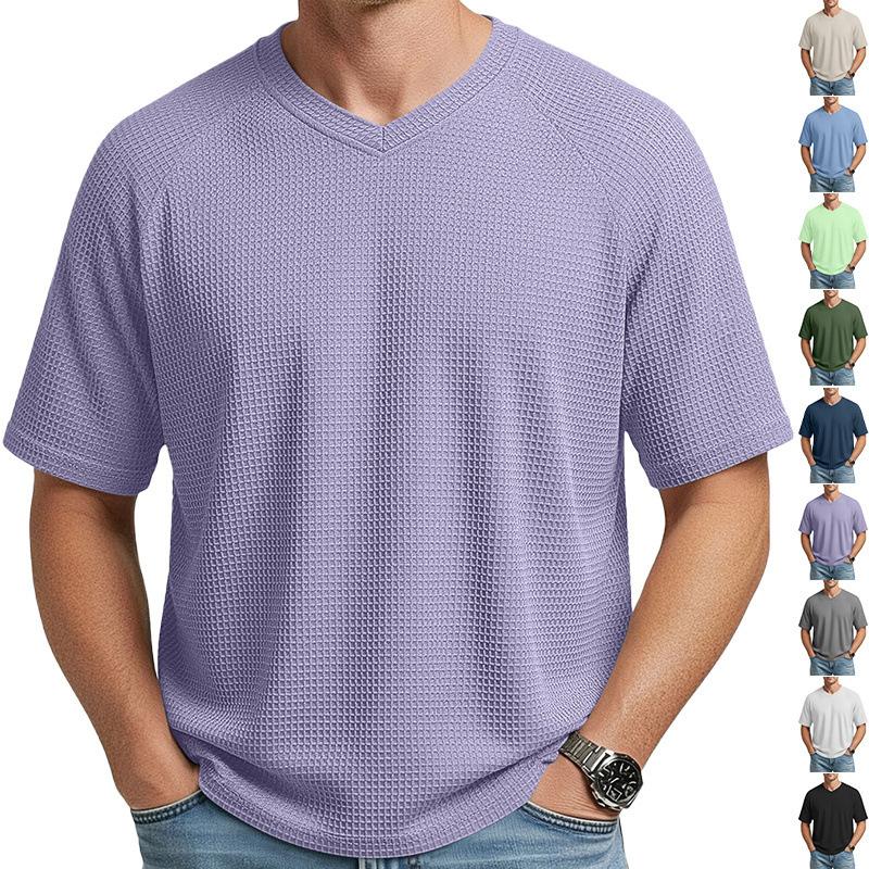 Men's Waffle Knit Short Sleeve T-Shirt Spring Summer Lightweight Breathable V-Neck Raglan Sleeve Casual Solid Top
