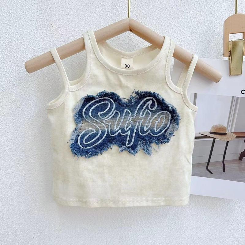 Girls Stylish Sleeveless Denim Knit Vest - Summer Appliqué Top Size 120
