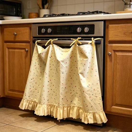 Oven Curtain, with Tie-Down Straps, Vintage Style, Easy Fastening Farmhouse Oven Door Ruffled Stove Skirt Curtain for Kitchen