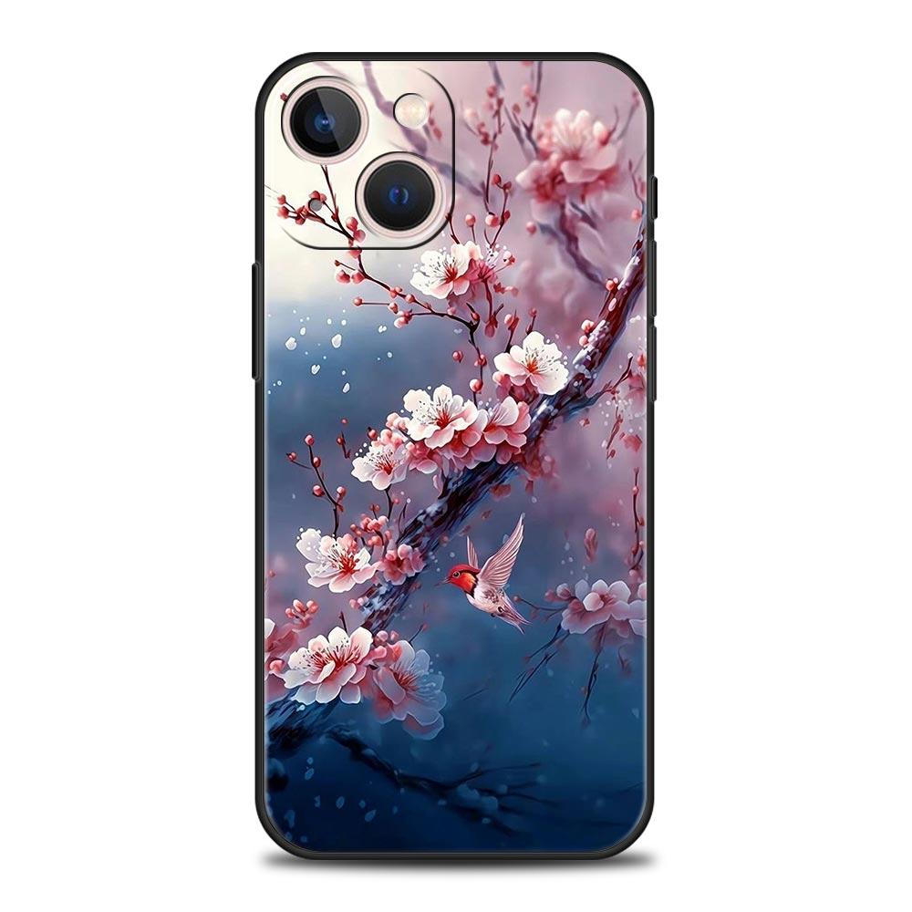 Kirschblüten Handyhülle Für iPhone 17 16 15 Pro Max 11 12 13 14 7 8 Plus SE 2020 X XR XS Hülle Weich Schwarz
