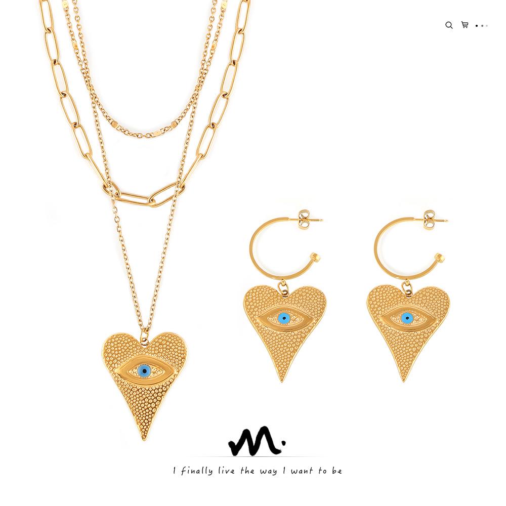 

Trendy 18k Gold-Plated Titanium Heart & Evil Eye Pendant Earrings & Necklace Set