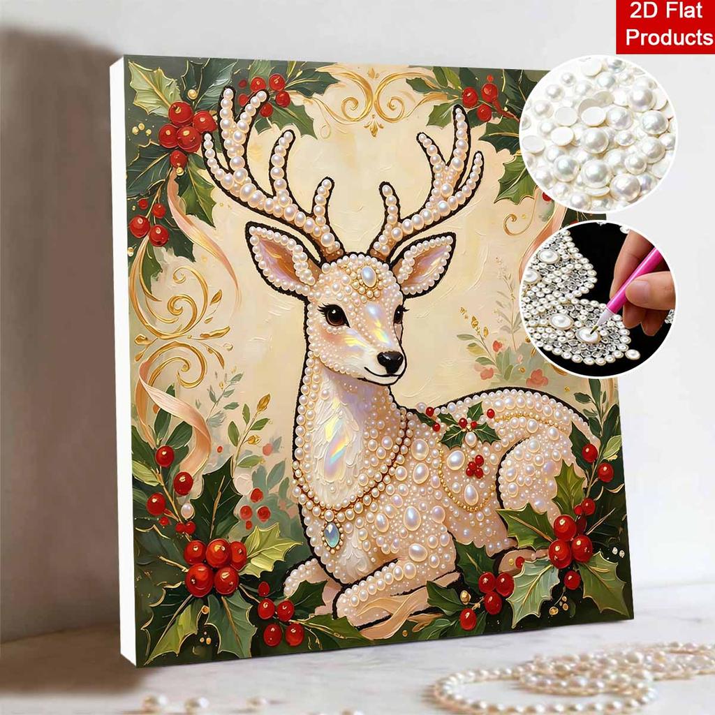 DIY Mini Framed Pearl Bead Art Kit Christmas Reindeer Design Sparkling Canvas Painting Relaxing Craft for Adults Holiday Home Decor Gift