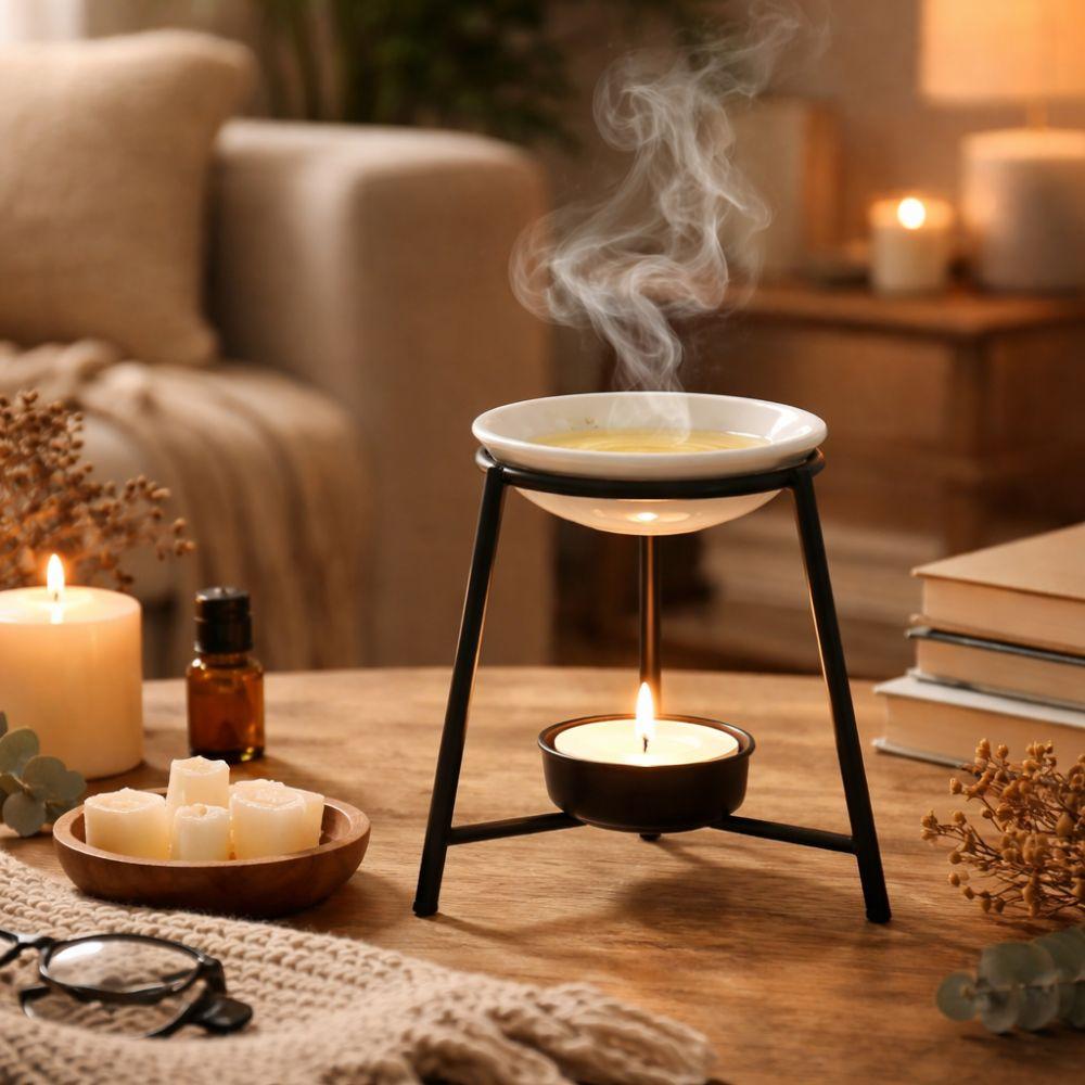 Ceramic Bowl Aromatherapy Stove Iron Base Metal Rack Tealight Holder Romantic Hollow Out Candle Wax Warmer Home Decor