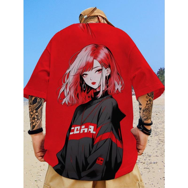 Nova camiseta casual masculina com estampa de beleza bidimensional impressa em 3D, manga curta, moda de rua, estampa de anime, top de gola redonda