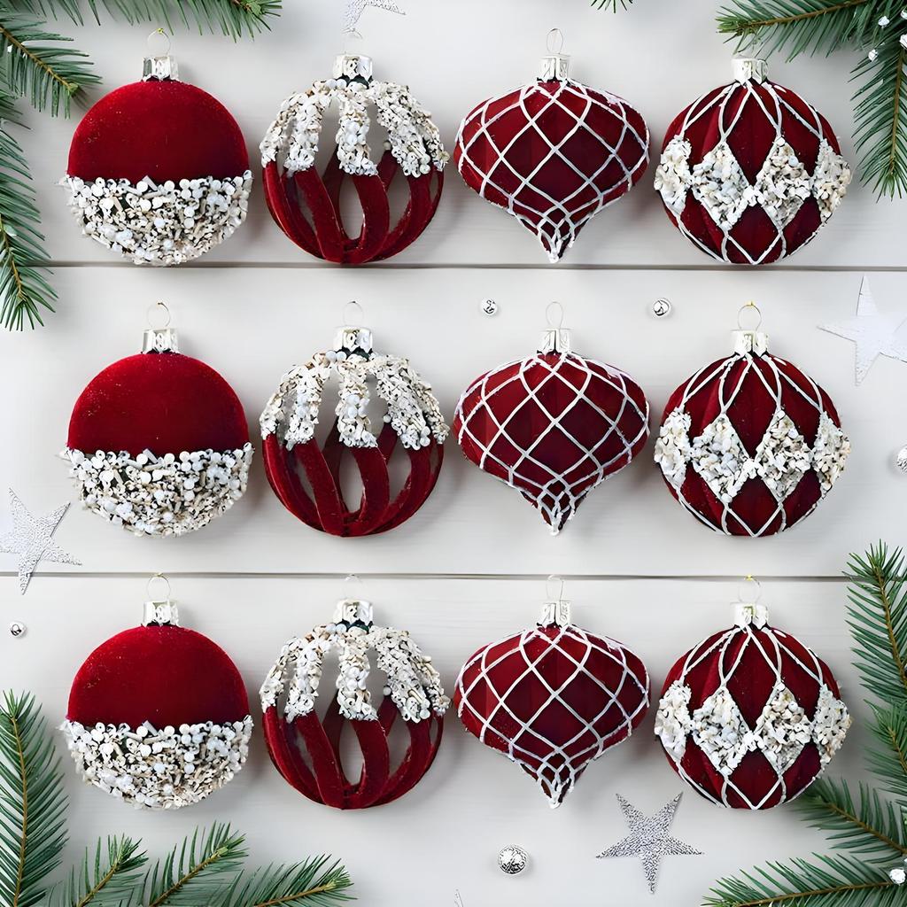 12PCS Christmas Ball Ornaments Glittering Red Green Decorative Ball Christmas Tree Ornaments for Home Wall Living Room House