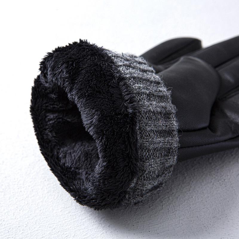 Fleece Genuine Leather Gloves for Men Touch Screen for Warmth In Autumn and Winter and Sheepskin Gloves for Driving and Cycling