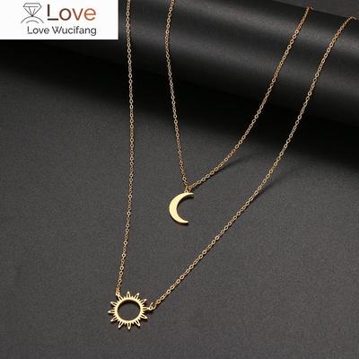 Edelstahl-Halskette mit mehrlagigen Modellen, Sonne, Blume und Mond, für Damen, modisch, exquisiter Anhänger, Kette für Party und Freund