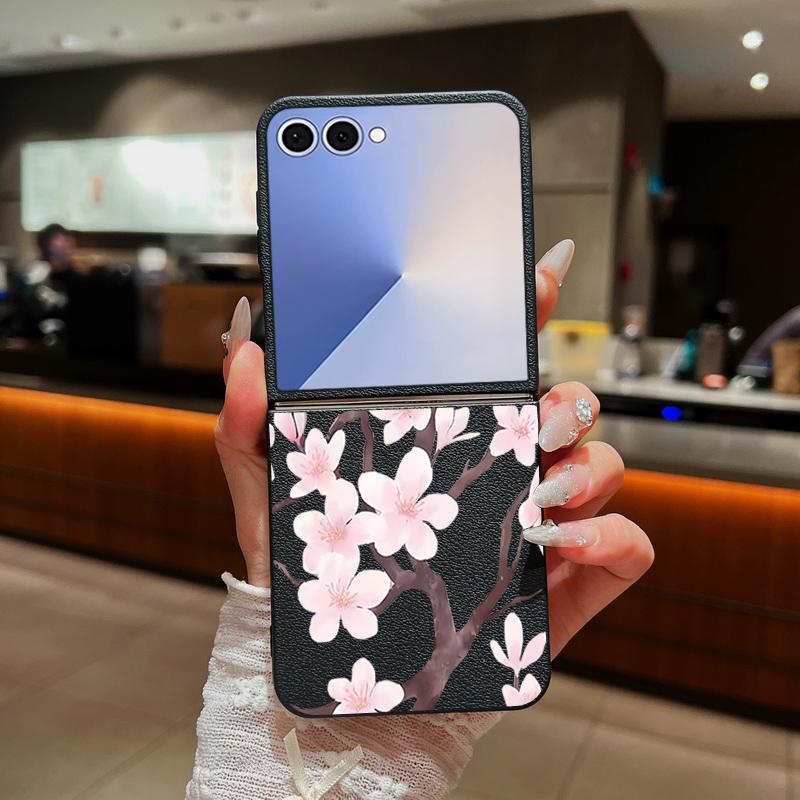 Z Flip 7 Case Hand-drawn Style Sakura Pattern Leather Texture Folding Fhone Cover For Samsung Galaxy Z Flip 7 6 5 4 Flip7 Flip6 Flip5