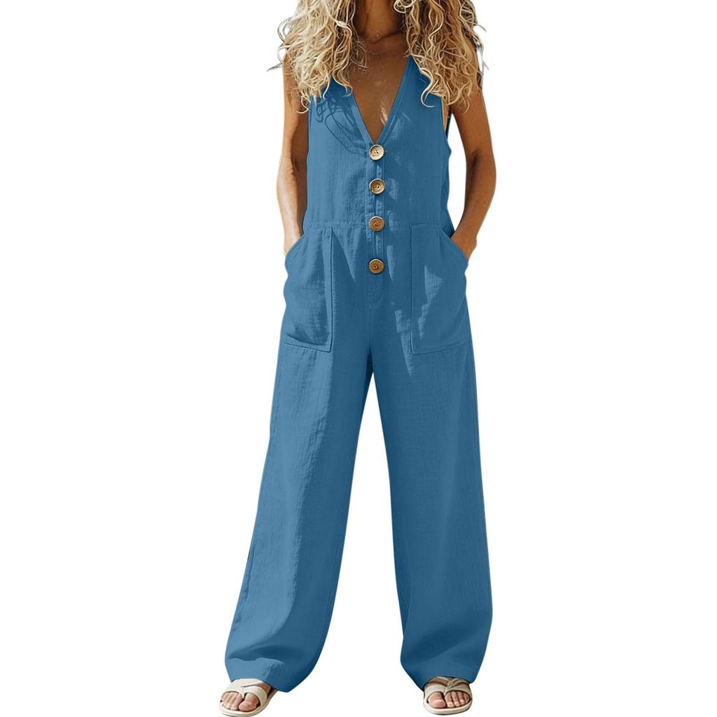 Sleeveless Wide Leg Jumpsuit for Women with Button Front and Deep V Neck Casual Loose Fit Romper with Pockets