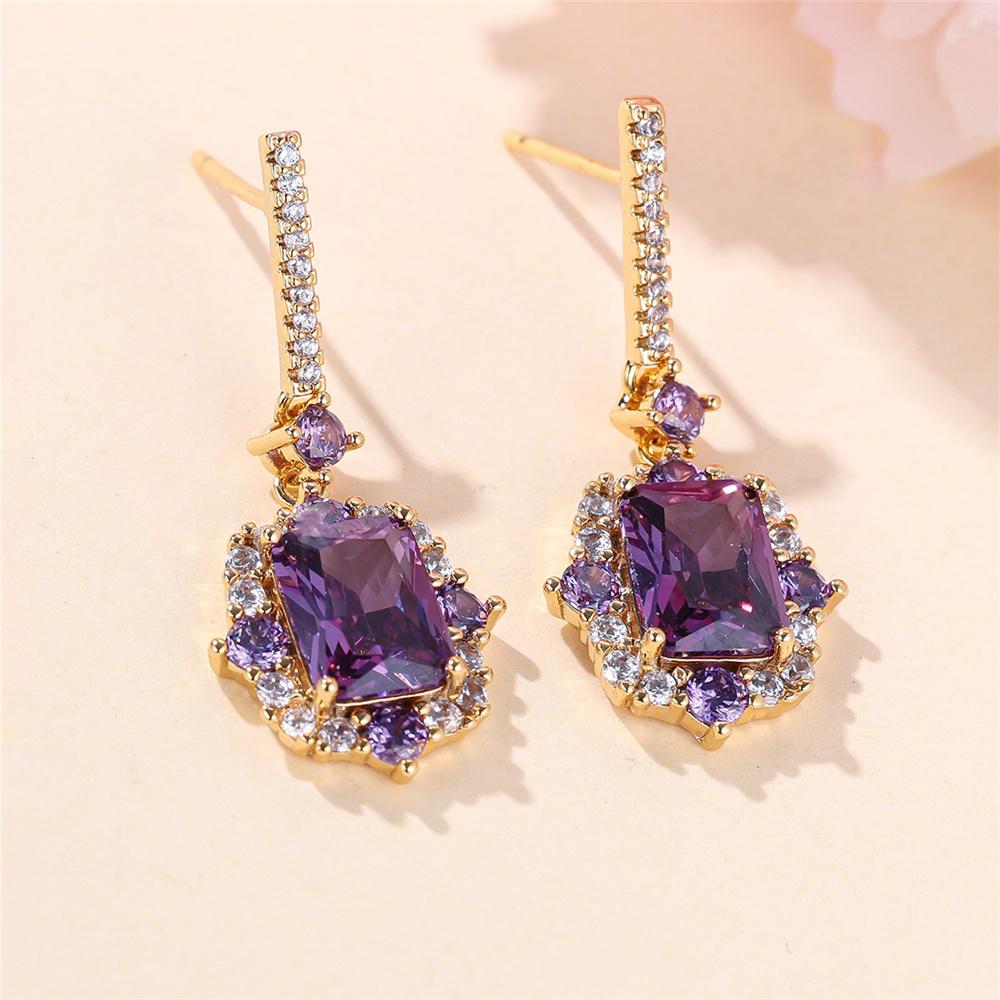 Luxury Female Purple Red Square Zircon Stone Drop Dangle Earrings Unique Gold Color Evening For Women