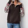 Women's Autumn/Winter 2025 Plaid Patchwork Stand Collar Pullover Hoodie