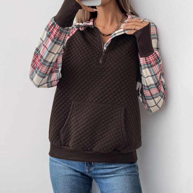 Women's Autumn/Winter 2025 Plaid Patchwork Stand Collar Pullover Hoodie