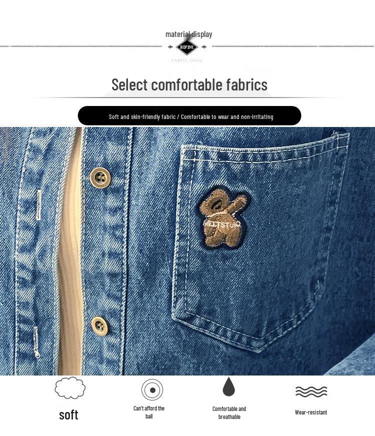 Women's Korean Style Bear Embroidery Soft Denim Shirt Jacket - Thick Material, New Design