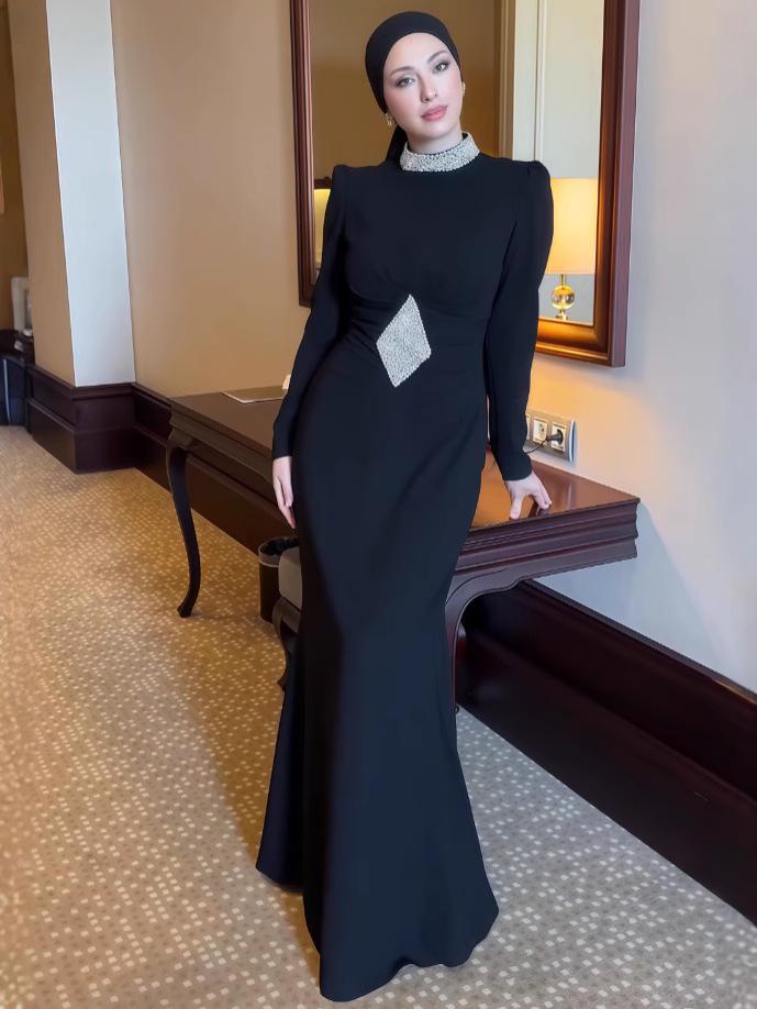 2025 Autumn High Neck Waist-Gathering Printed Evening Dress