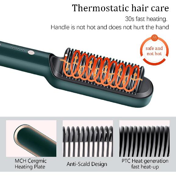 Hair Straightener Brush with 5 Temperature Settings, Negative Ion Styling Tool, 2-in-1 Straightener and Curler, Portable Electric Heated Brush for