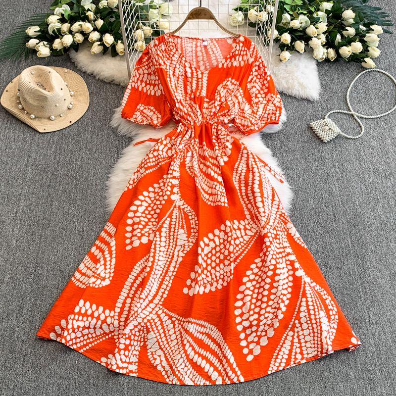 

European and American Print V-neck Loose Dress Women Summer New Drawstring Waist Hugging Slimming Mid-Length A Word Big Hemline Long dress Orange All yards