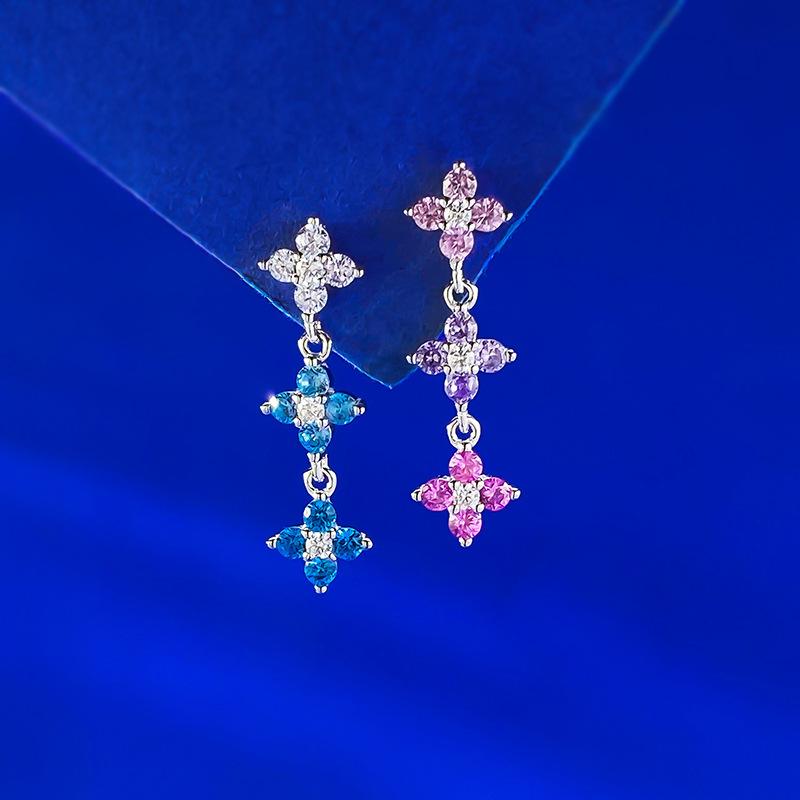 Dopamine Four-Leaf Clover Colored Diamond Earrings Wind Light Luxury High Sense 925 Silver
