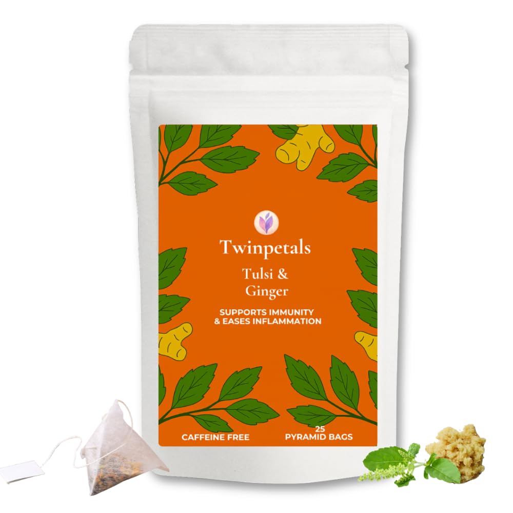 Twinpetals Tulsi Ginger Herbal Tea | 25 Pyramid Tea Bags | Caffeine-Free Ayurvedic Infusion | All-Natural Immunity Support with Holy Basil & Ginger