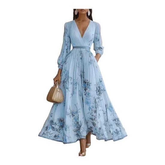 Women's Floral Print Pleated Maxi Dress V Neck Long Sleeve Wedding Guest Dress Spring Flowy Party Cocktail Dress